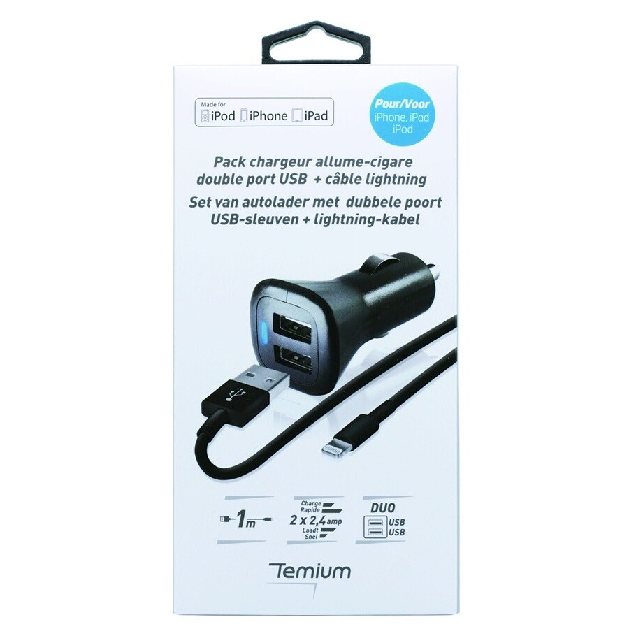 Temium CHARGEUR ALLUME CIGARE DOUBLE USB AVEC CABLE LIGHTNING n°2