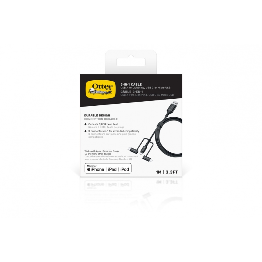 Otterbox cable renforcé 3in1 : USBA-Micro/Lightning/USB C coloris noir "Made for iPhone" n°4