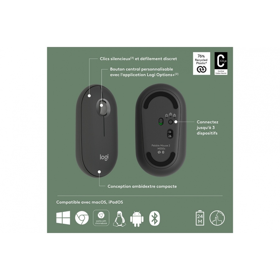 Logitech Pebble Mouse 2 M350s souris fine sans fil Bluetooth, portable, légère - Graphite n°6