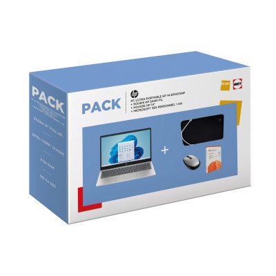 Hp PACK LAPTOP 14-EP0013NF 14" FHD INTEL CORE I3 N305 RAM 8 GO DDR4 512 GO SSD INTEL + Souris Bluetooth argent vif HP 240 + Housse de protection réversible + MICROSOFT 365 PERSO 1 an