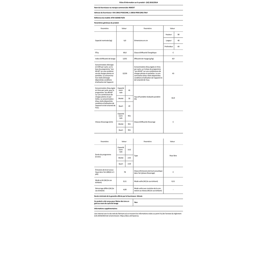 INDESIT BTWS60400FRN n°9