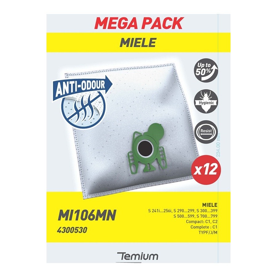 MI106MN, anti-odeur hygiéniques Sacs aspirateur MIELE TEMIUM MI106M résistant 